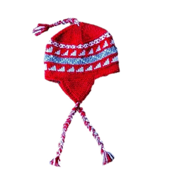 Wool Nordic Handknit Unisex Made in Nepal Red White Gray Winter Hat Tassels New - Picture 1 of 11
